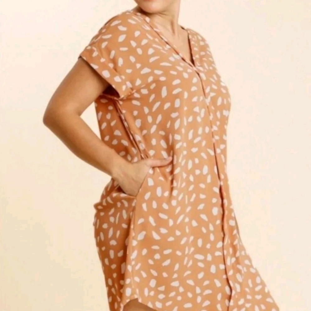 Umgee V Neck Dress Button Up Boho Short Sleeve Lagenlook Dalmation Cottage Small